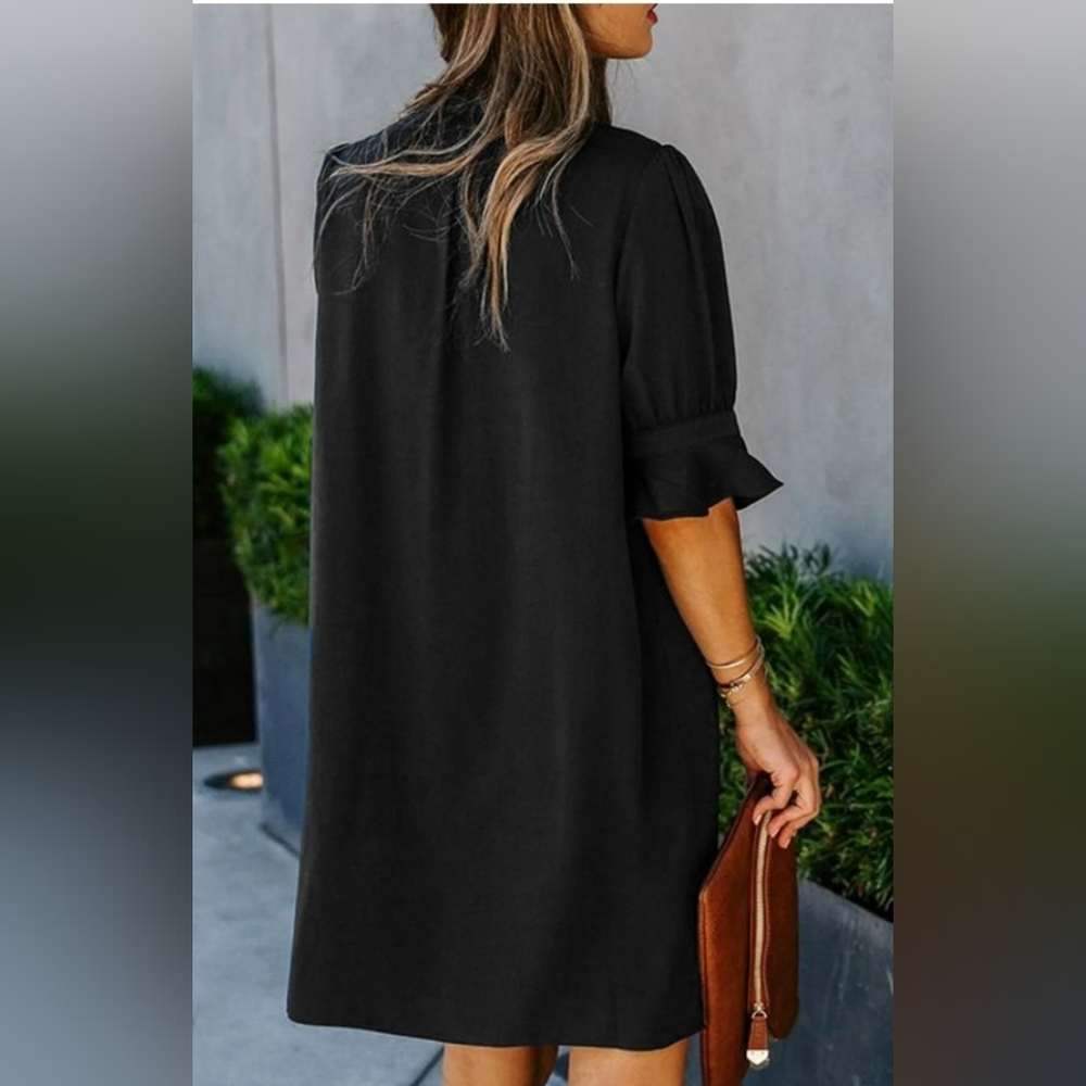 Vee Neck Short Sleeve Tunic Dress Black Size XL - Picture 4 of 9